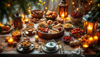 Cozy Festive Dinner Table Setting with Warm Lighting and Delicious Food