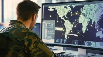 A military analyst sits at a high-tech workstation, closely examining air reconnaissance data on a computer screen displaying a detailed world map with satellite imagery and tracking markers.
