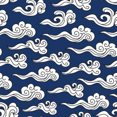 Japenese culture seamless repeat pattern. Hand drawn, vector asian art clouds aop, all over surface print on dark blue background.