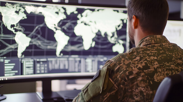 A military analyst sits at a high-tech workstation, closely examining air reconnaissance data on a computer screen displaying a detailed world map with satellite imagery and tracking markers. - Powered by Adobe