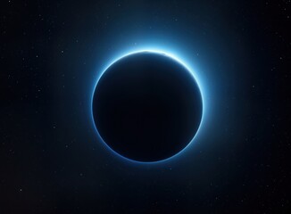 Naklejka premium Blue glow surrounds planet earth during eclipse in dark space filled with stars. Outer space shows planet in orbit around celestial body. Stunning cosmos display with bright light. Perfect photo for