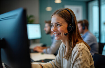 Friendly female call center agent working at computer in modern office. Wears headset, focused on tasks. Agents also working nearby. Professional tech support worker in modern call center. Woman in