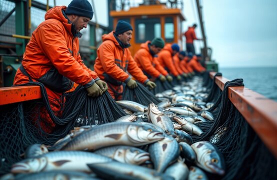 Commercial fishermen unload large catch of fish from fishing net onto boat deck. Many men in orange waterproof jackets work together to pull nets, sort fish. Industrial fishing operation on vessel at