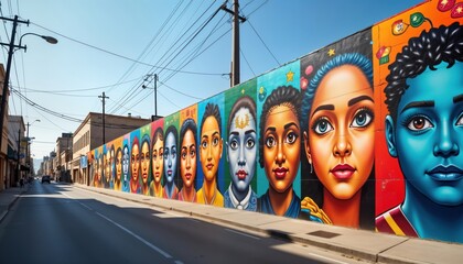 Colorful street art festival transforms city wall into vibrant murals. Portraits of diverse local people illustrate cultural heritage, urban diversity. Artistic expression celebrates community