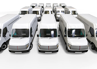 3D render image representing a fleet of delivery vans. cars fleet