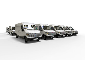 3D render image representing a fleet of delivery vans. cars fleet