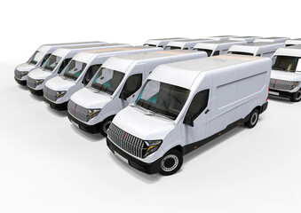3D render image representing a fleet of delivery vans. cars fleet