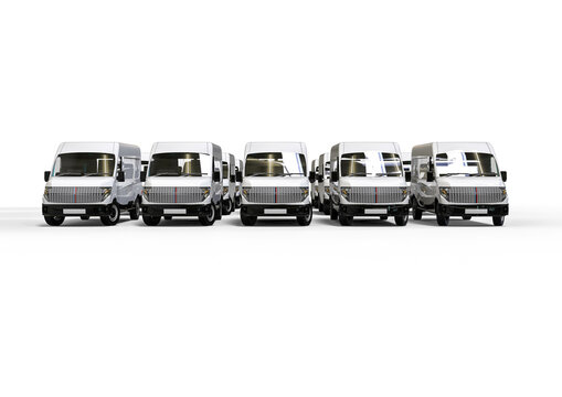 3D render image representing a fleet of delivery vans. cars fleet