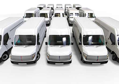 3D render image representing a fleet of delivery vans. cars fleet