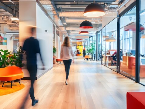 Bright business workplace with people in walking in blurred motion in modern office space