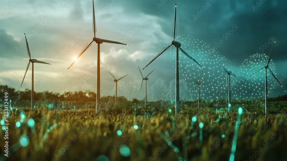 Poster a sustainable energy grid concept with ai data visualization on a cyberpunk-inspired background.