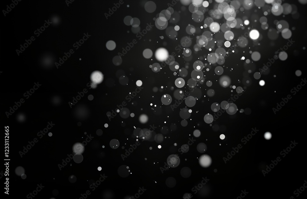 Poster abstract design element defocused white snowflakes falling against black background. bokeh effect cr