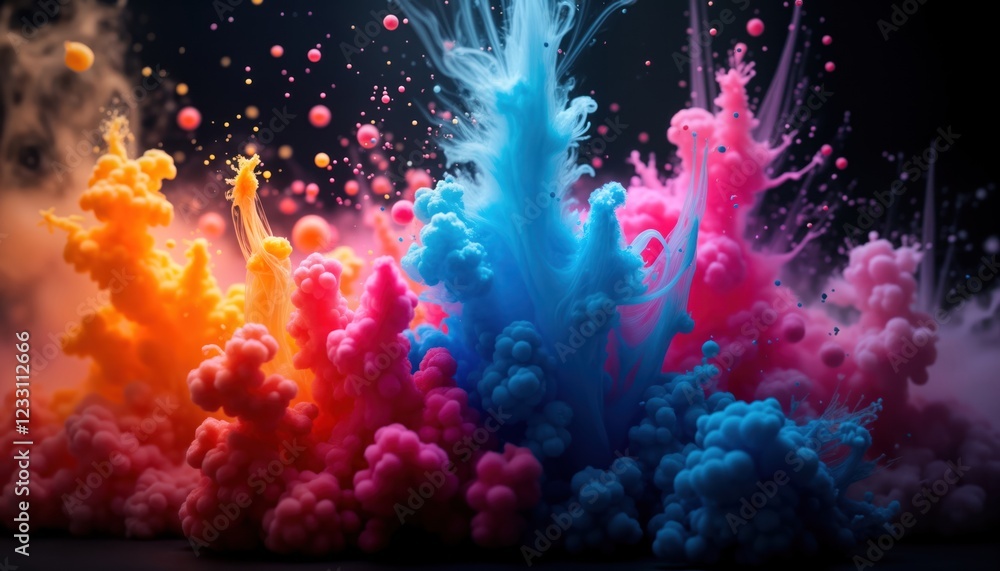Poster abstract neon ink explosion creates colourful patterns, shapes on black background. vibrant colours 