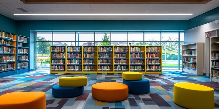 A modern library interior featuring colorful ottomans. The bright space is designed for comfort and learning. Shelves are filled with books. Perfect for community use. AI