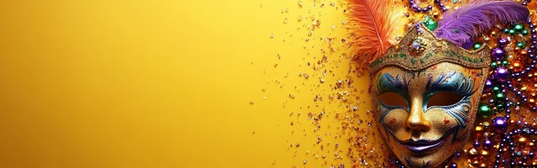 A glittery carnival mask with colorful beads on a bright yellow background. Great for Mardi Gras, celebration, or festive themes.