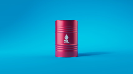 Single red metal oil barrel on blue background. Front view. Oil industry concept. 3d render illustration