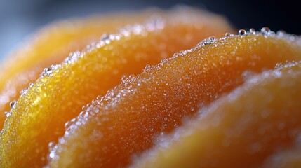 Fresh orange slices with water drops close-up, dark background