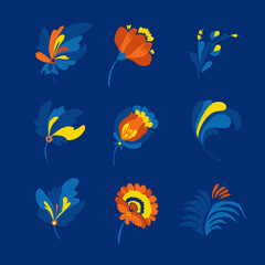 Beautiful stylized floral ornament. Flower symbol in yellow and blue colors.