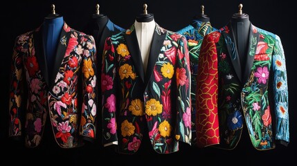 A collection of colorful floral embroidered jackets on mannequins.