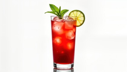 Refreshing cocktail garnished with mint, lime. Ice-cold drink in tall glass. Close-up studio shot vibrant red color. Perfect for summer day special occasion. Ideal for bar, restaurant menus. Suitable