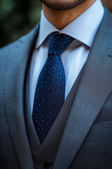 Close-up of a businessman wearing a tailored suit and elegant tie, symbolizing professionalism and corporate style