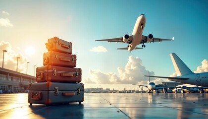 Stack of vintage suitcases waits at air terminal. Airplane is flying above. Holiday makers prepare for a trip. Summer vacation. Travel business. Airport scene. Baggage check. Transportation industry.