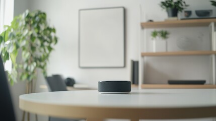 An advanced virtual assistant device with a modern interface in a clean, minimalist home office, showcasing sleek design and functionality