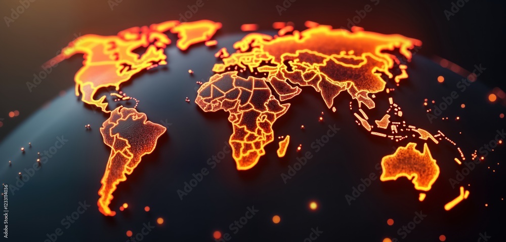Poster global network visualization shows orange data points connecting continents on dark background. digi