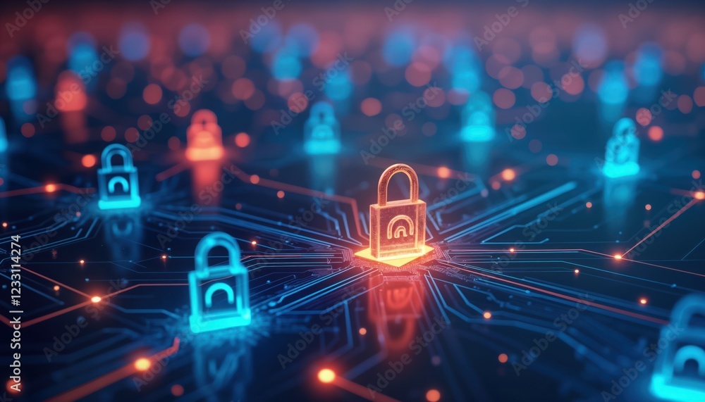 Poster digital locks protect network. cybersecurity concept shows digital locks on network circuit board. n