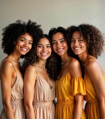 Fototapeta premium Four multiethnic women pose together. Smiling, happy. Look friendly, diverse skin tones, hair styles. Wearing casual attire. Close together. Photo captures happiness, friendship. Style casual, show