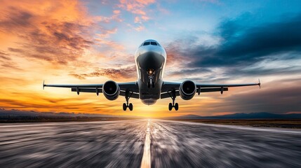 Naklejka premium Commercial airplane taking off at sunset with vibrant clouds and runway view