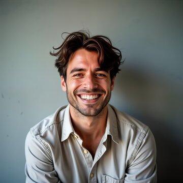 Happy young man with light skin and Italian descent smiles broadly. He wears a light beige shirt. Casual style and joyful expression. Indoor studio photo. Man appears content and approachable.