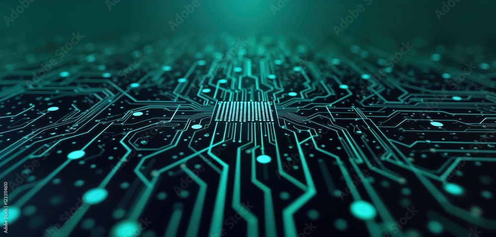 Poster abstract circuit board. complex network of glowing teal lines, dots on dark background. tech illustr