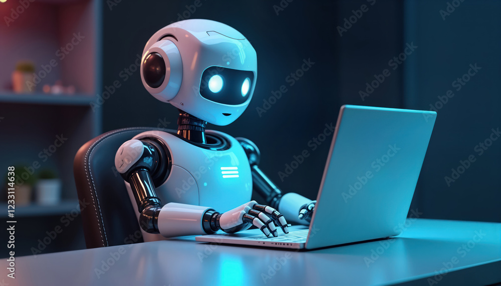 Poster cute robot sits at desk using laptop. robot works with computer. futuristic tech concept. ai assista