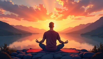 Fototapeta premium Man meditates in yoga pose near calm lake at sunset. Scenic mountain landscape. Person sits on mat on rocks by water. Peaceful moment. Tranquil nature. Healthy lifestyle. Relaxation. Travel concept.