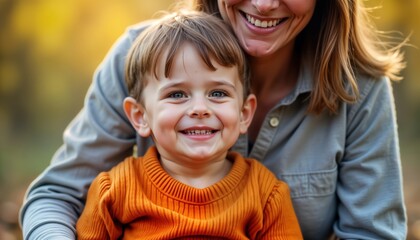 Fototapeta premium Smiling boy sits on mothers lap in autumn park. Mother, son happy, enjoy day outdoors. Warm colors of autumn surround. Child cerebral palsy. Family moment. Care, love evident in expressions. Playful,