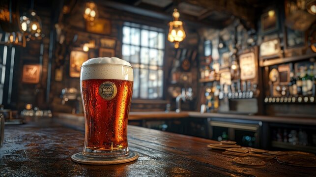 Frosty beer on bar counter in vintage pub, blurred background for beverage ad