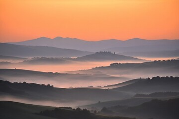 Serene misty hills at sunrise with rolling landscape and silhouetted trees