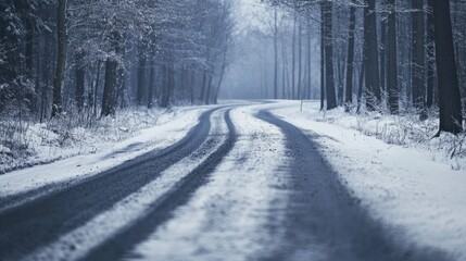 Serene snow-covered forest road in winter