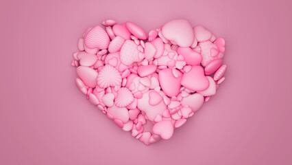 Fototapeta premium Many pink textured hearts in form of a big heart on pink backdrop. Valentine day background. 3d render illustration