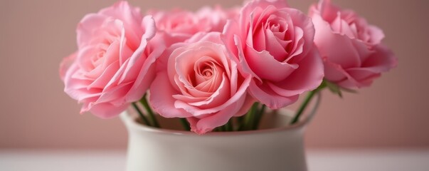 Fototapeta premium Vibrant pink roses, ceramic vase, fresh blooms, beauty, nature