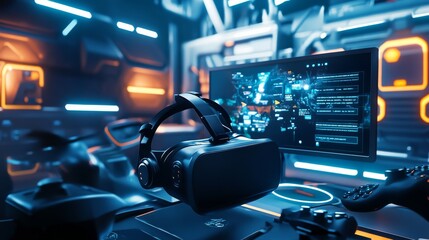 An advanced virtual reality gaming setup with a modern design in a clean, stylish gaming room, featuring high-tech VR equipment and immersive features