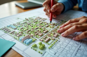 Architect works on imaginary city plan. Person draws on map of imaginary town. Plan shows buildings, roads. Urban planning concept for new residential area. Focuses on details of land register, city