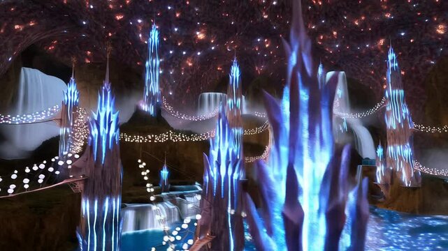 Fantasy underground lake video. Dark elven city, mysterious cave lake  with fountains and hanging bridges.Majestic glowing crystalline towers with cascading waterfalls and suspended bridges