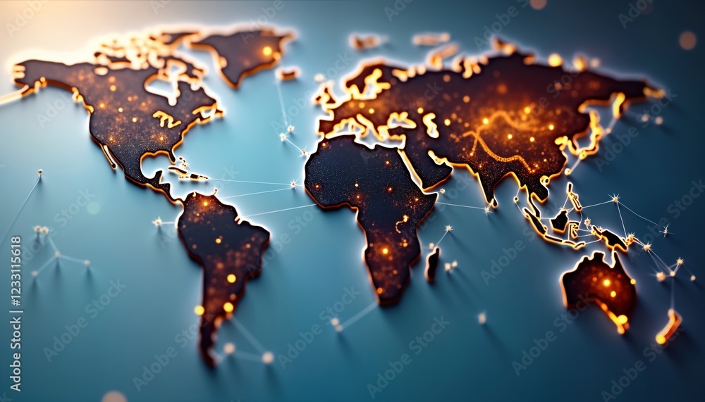 Poster global communication network visualized on 3d world map. intricate glowing nodes connect continents 