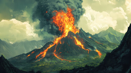 Illustration of an erupting volcano with lava flow, smoke cloud, and green landscape, depicting a natural disaster and geological phenomenon. Lava Ridge. Illustration