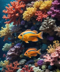 Obraz premium Colorful fish hiding behind coral in the ocean, underwater scenes, sea creatures