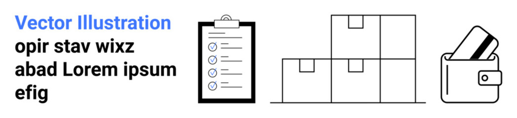 Clipboard with checklist, stacked boxes, and wallet with credit cards. Ideal for logistics, inventory management, finance, organization, business planning e-commerce and shipping solutions. Landing