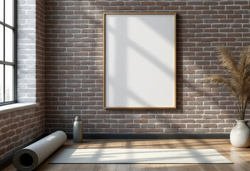 A white yoga mat lies on a wooden floor, accompanied by a gray water bottle and a white vase with dried flowers, with a brick wall and large window in the background. A4 frame mockup