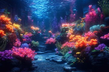 Obraz premium Underwater city of the future with bioluminescent plants that illuminate